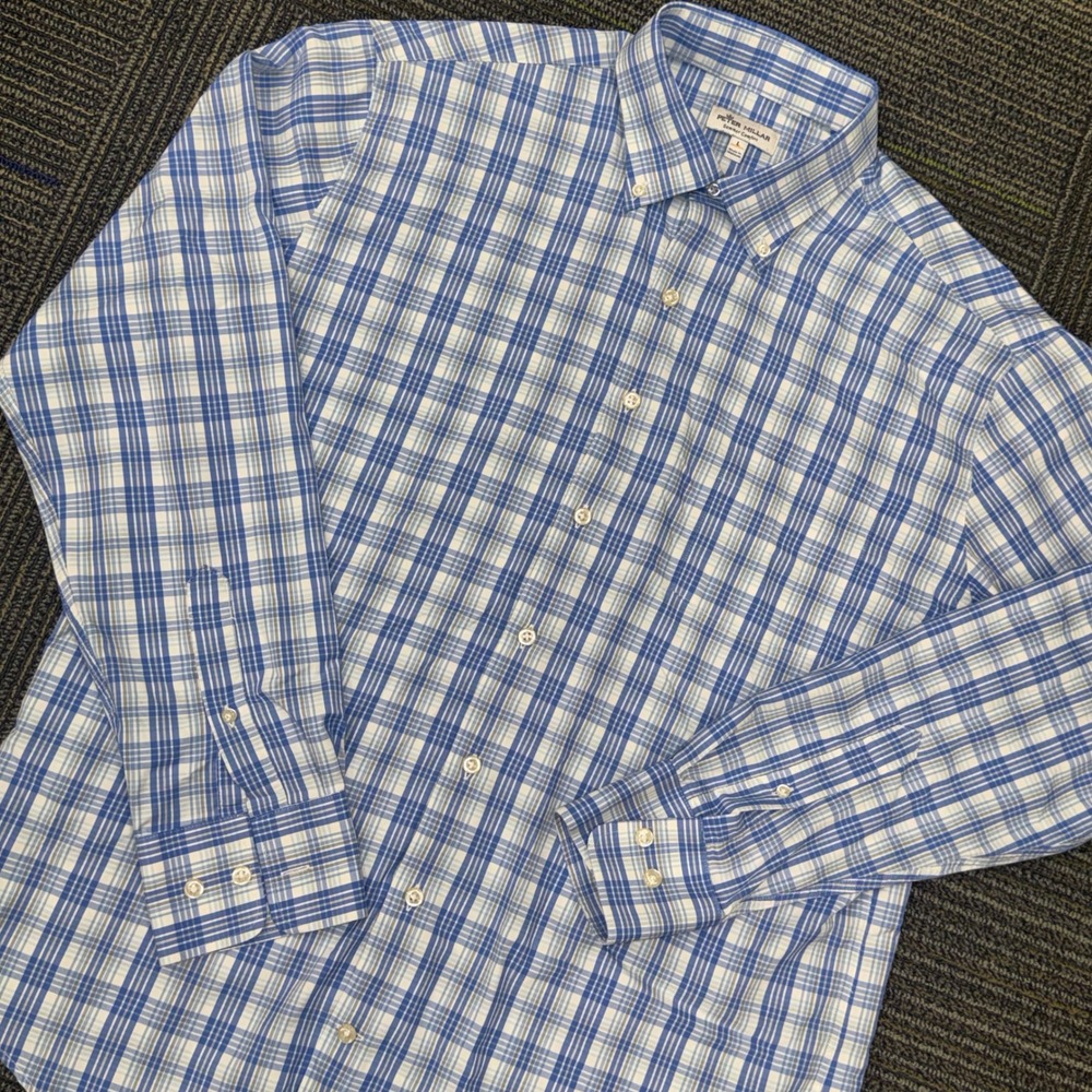Peter Millar Shirt Mens L Blue White‎ Plaid Summer Comfort Button Down Excellent